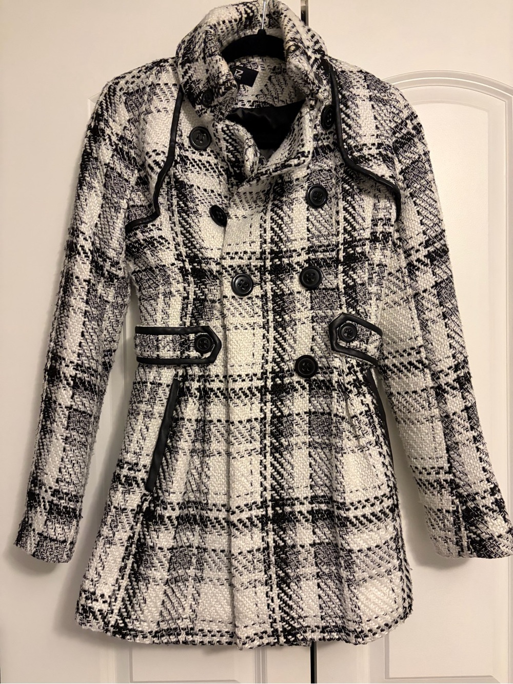 Iz Byer Black & White Plaid Double-Breasted Pea Coat
